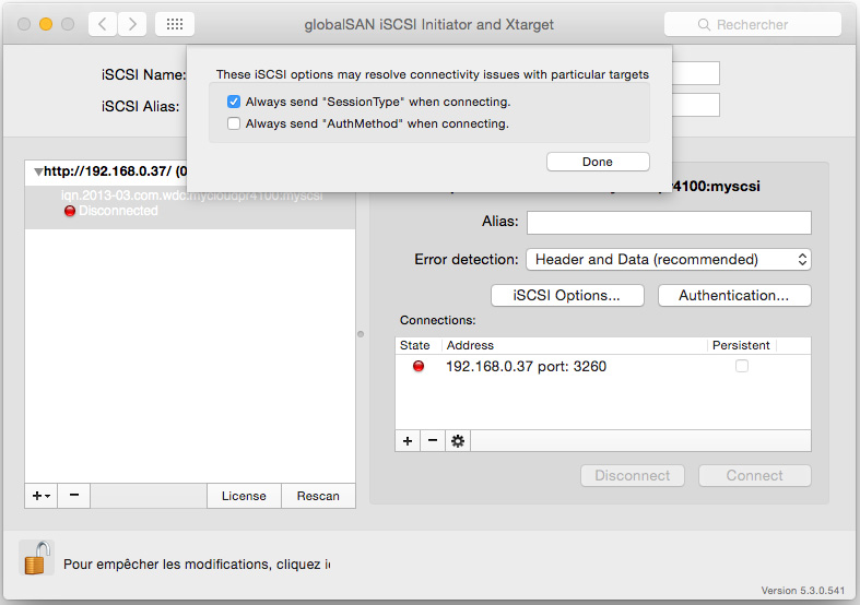 choix des options iSCSI dans GlobalSAN