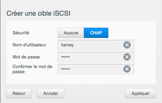 creation de l'utilisateur et mot de passe cible iscsi