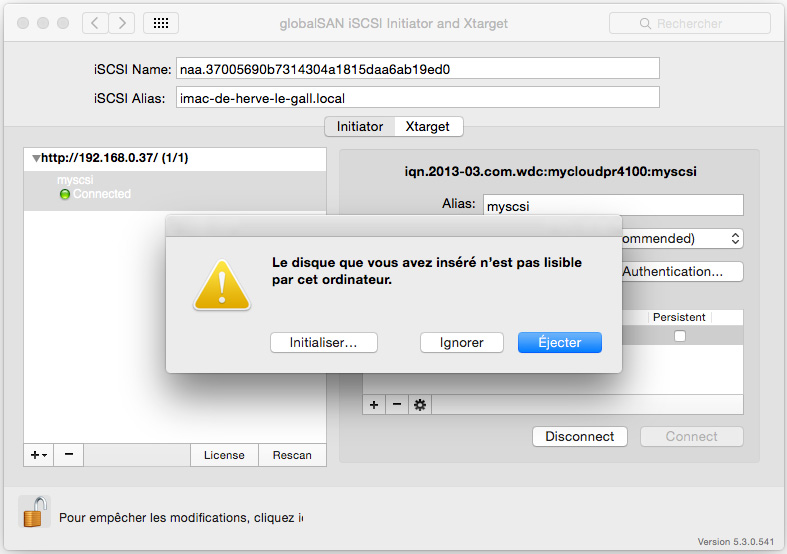 detection volume cible iscsi par mac OS X
